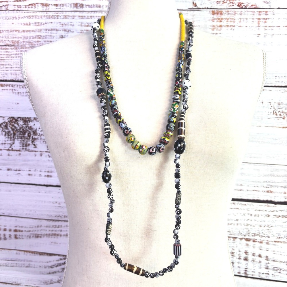 Vintage Venetian‎ Glass Bead Necklace Set Lampwork Black White Millefiori Boho